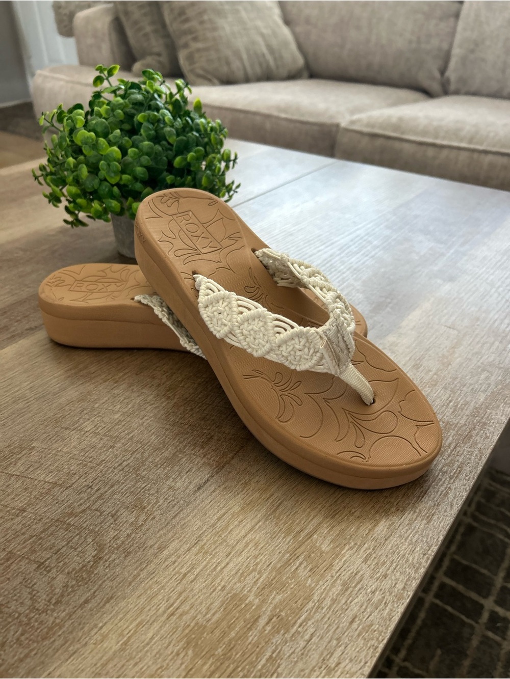 Roxy Wedge Flip-Flop Sandals with Cream Braided Strap